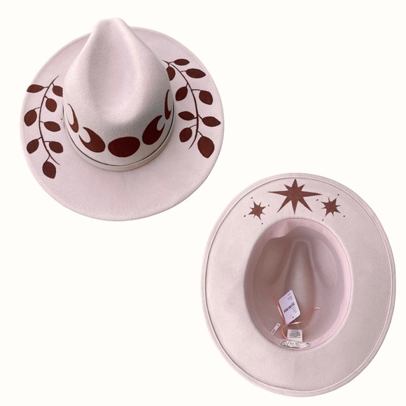 NWT Custom Painted Moon Boho Free People Wool Blush Belted Wide Brim Fedora